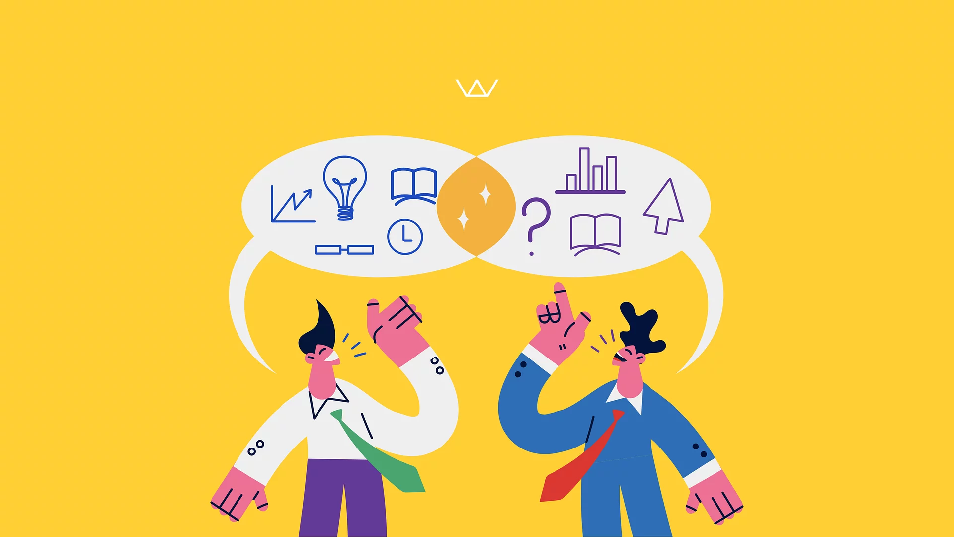 Illustration of two people in conversation with speech bubbles full of business and idea icons, representing communication, brainstorming, and knowledge sharing.