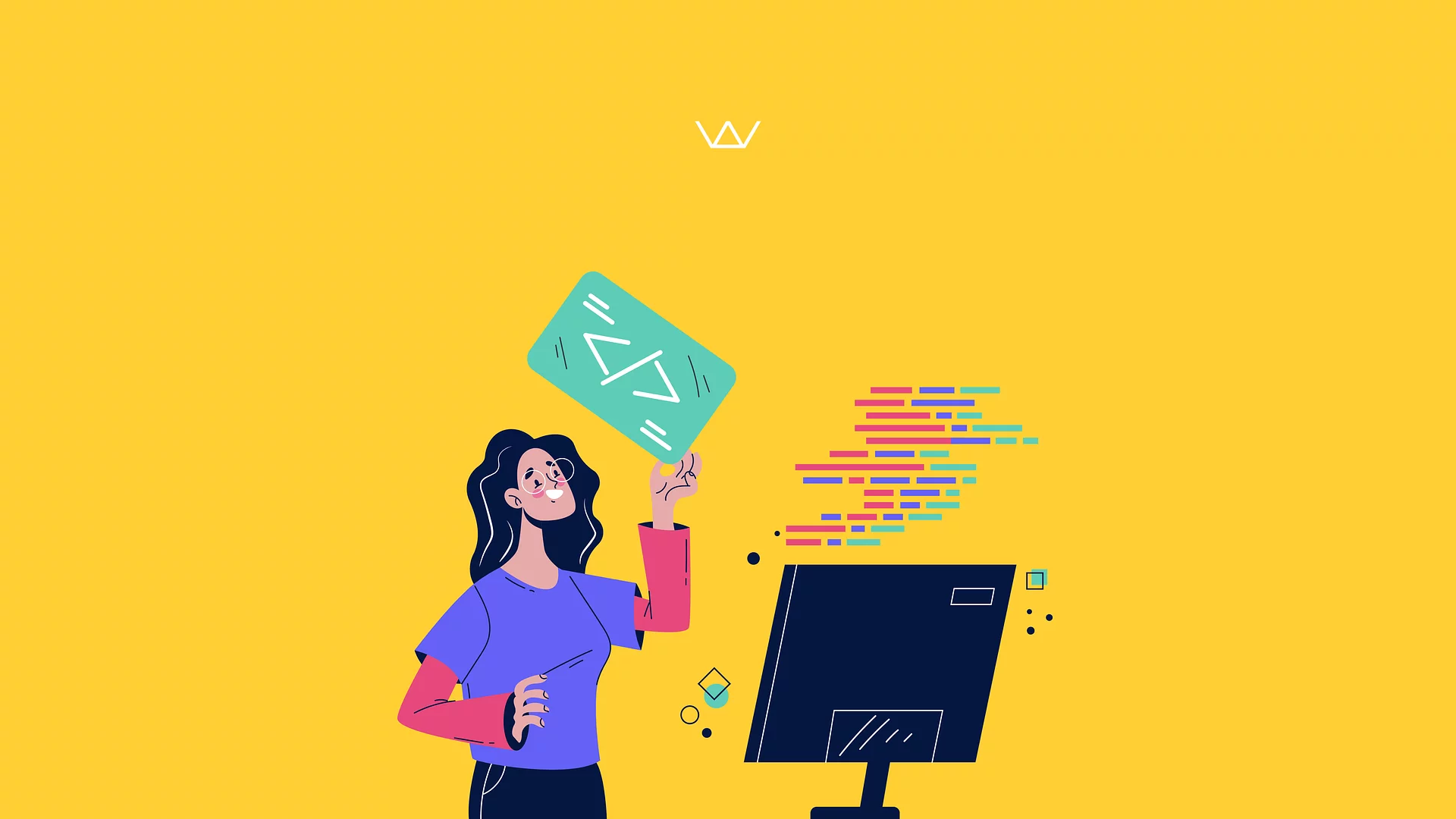 Illustration of a developer holding a green card with the Vue and Nuxt code chevron logo, on a yellow background