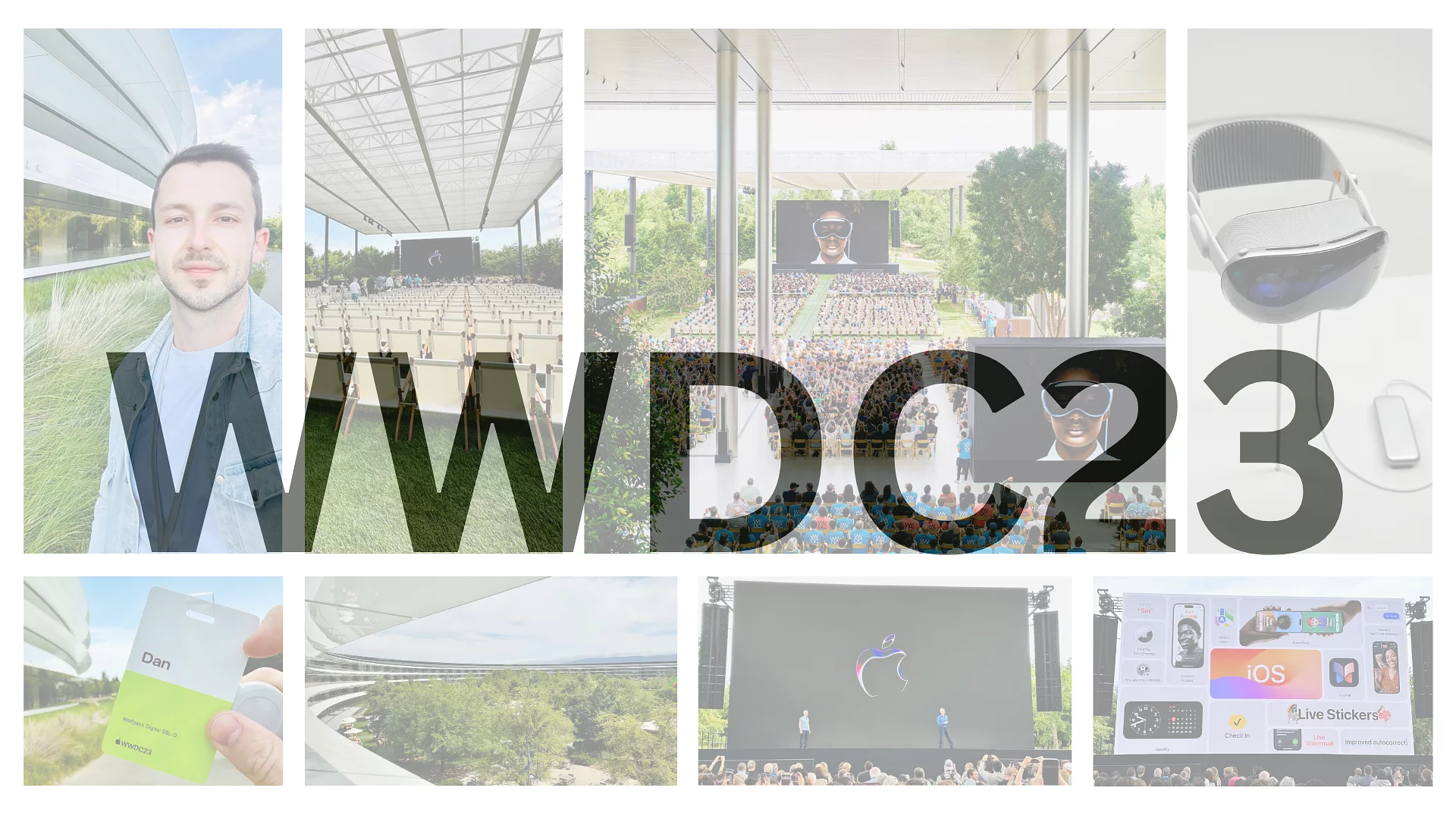 Photo collage from Apple's WWDC23 event featuring the Apple Park campus, attendees, and the Vision Pro headset, with large 'WWDC23' text overlay.