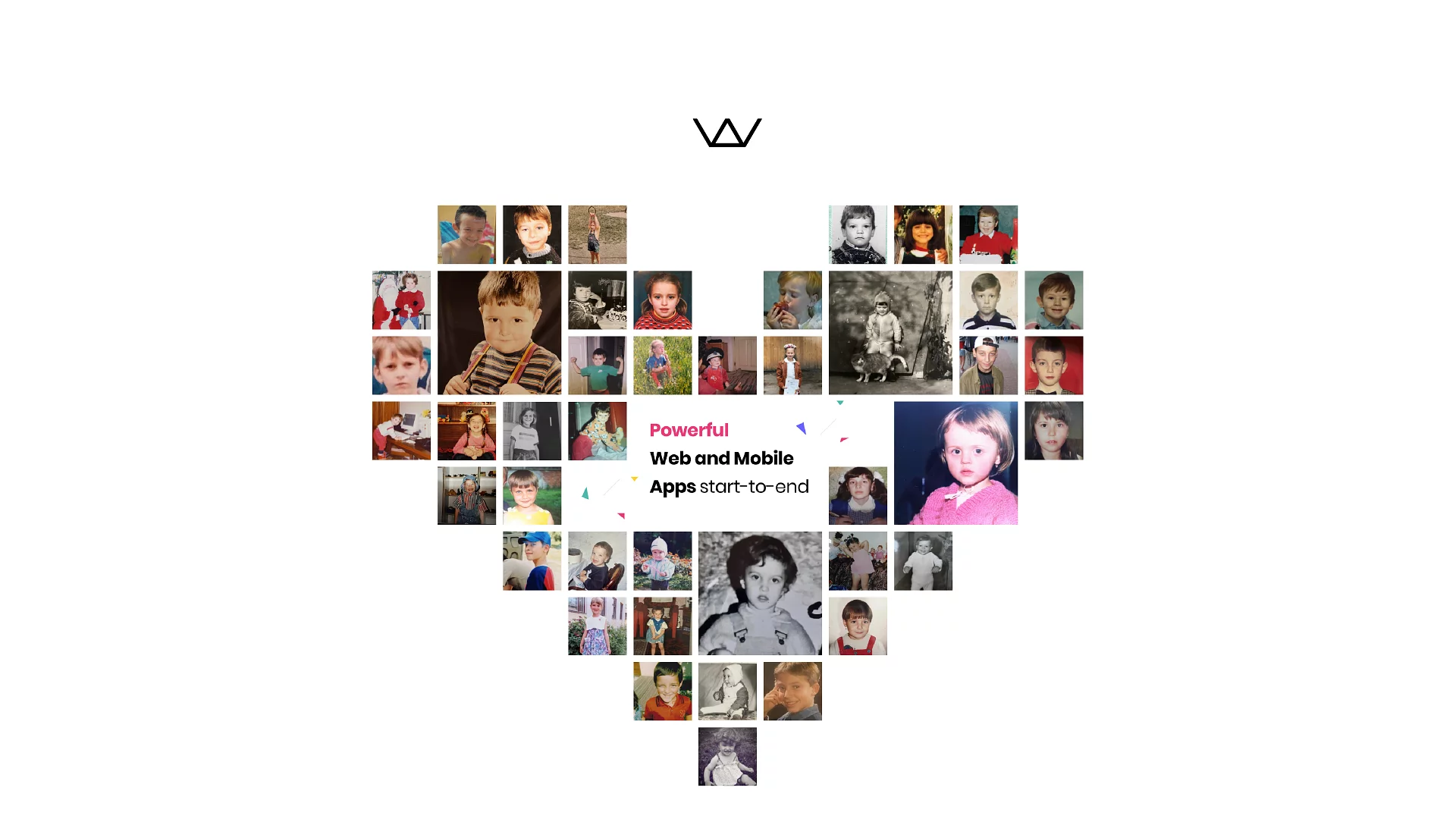 Collage of childhood photos of Wolfpack Digital team members around the Powerful Web and Mobile Apps tagline