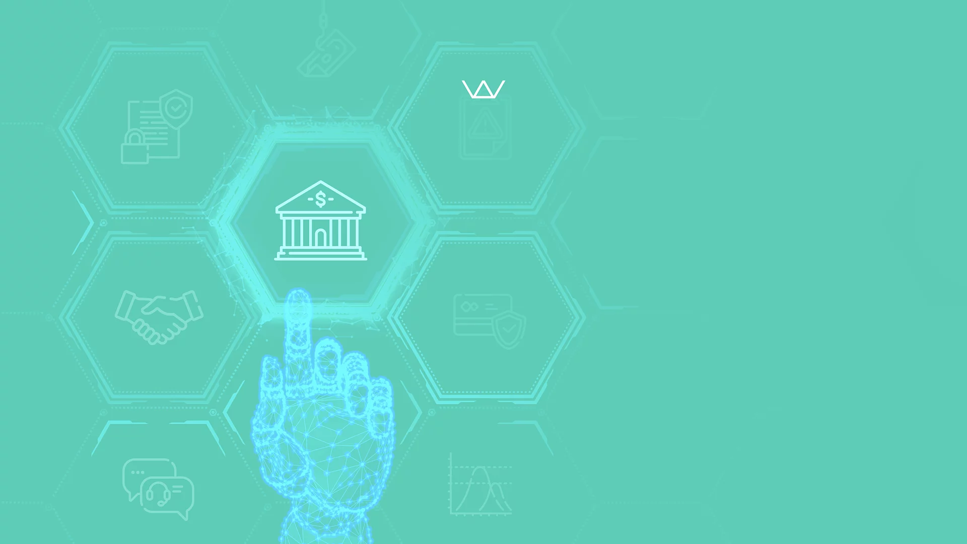 Illustration of a digital robotic hand touching a glowing bank icon within a hexagonal network of finance symbols, representing fintech and technology in banking.