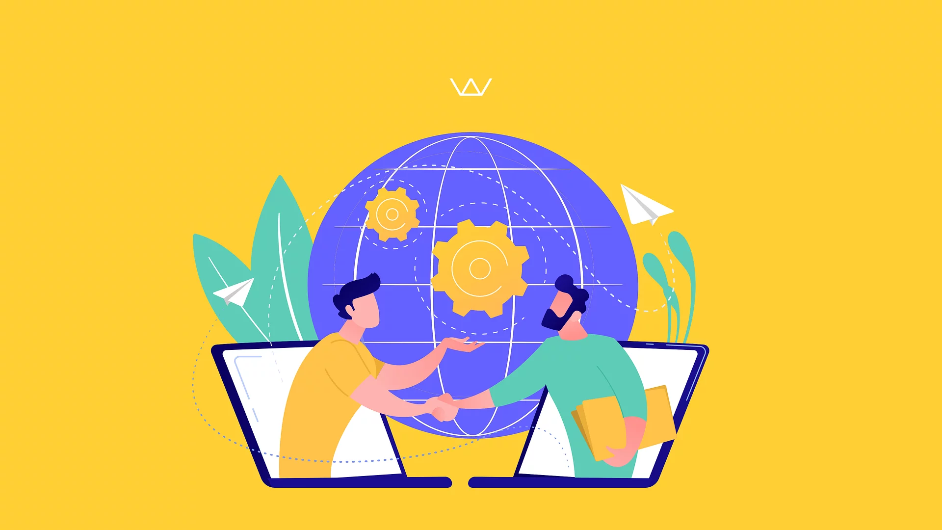 llustration of two people shaking hands across laptops in front of a globe with gears, representing global partnership, remote collaboration, and outsourcing.
