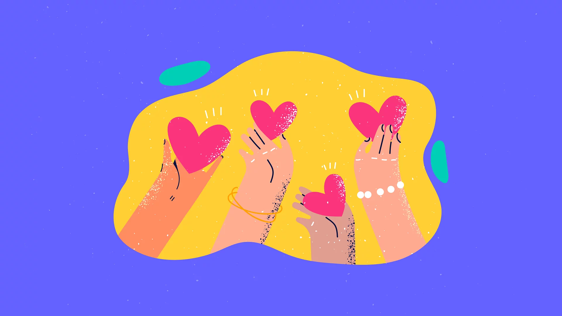 Flat illustration of diverse hands reaching up and holding pink hearts, symbolizing user-first design