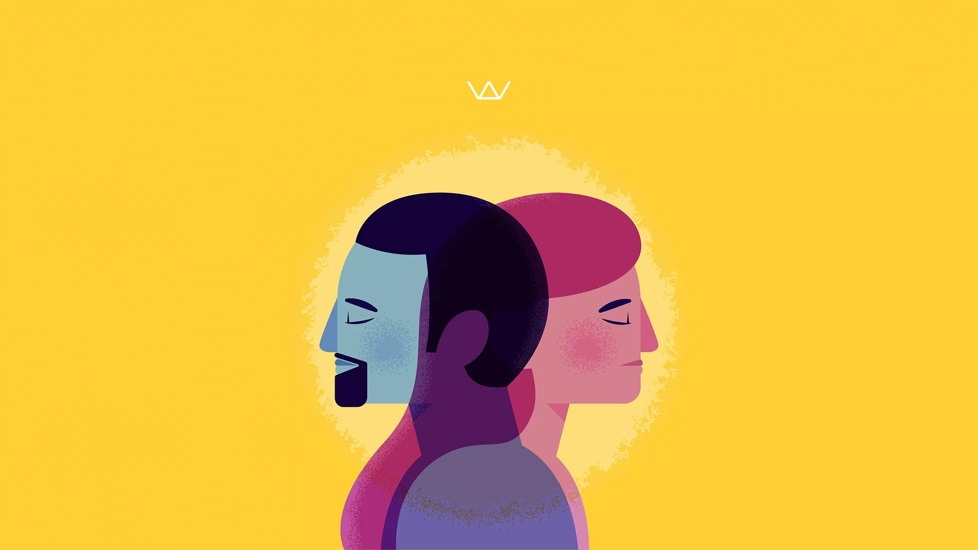 Illustration of two overlapping profile faces in blue and pink, symbolising gender balance