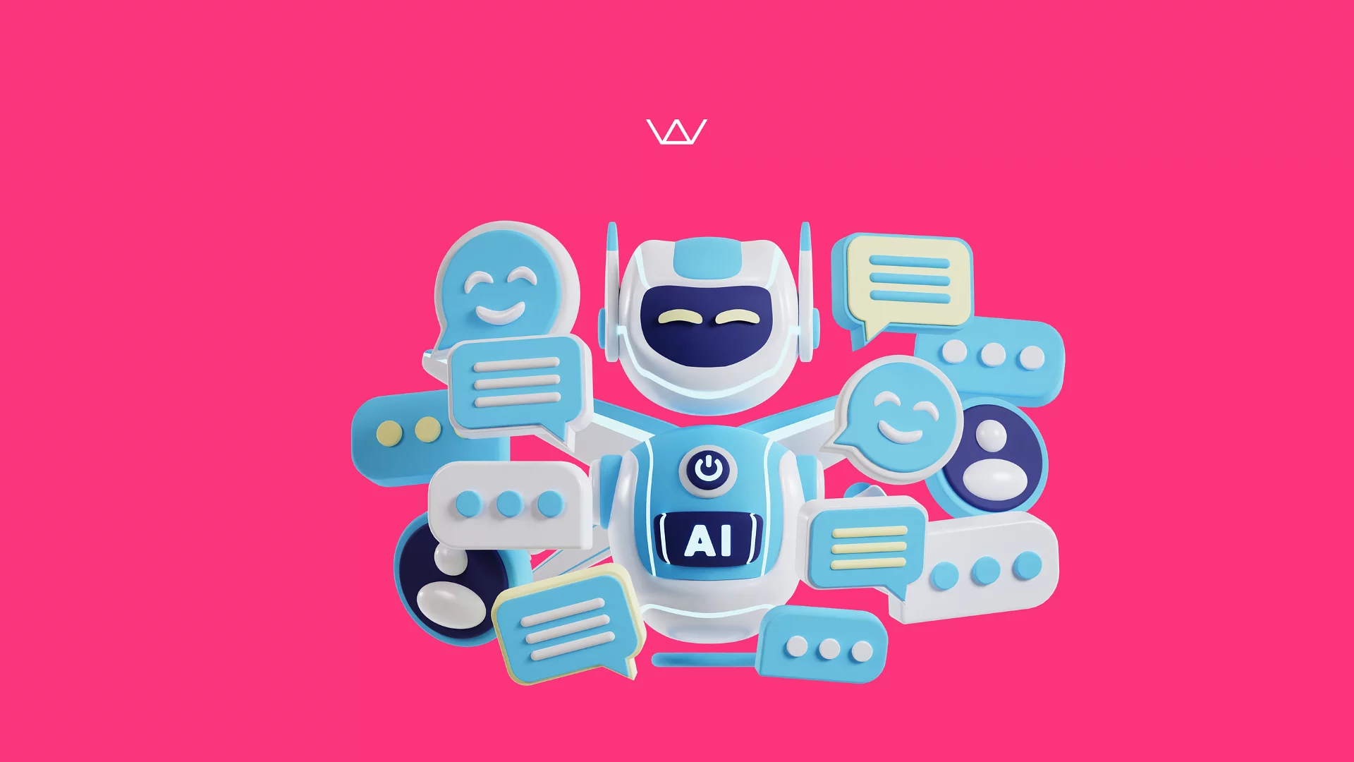 A friendly 3D robot surrounded by chat bubbles and an 'AI' panel, on a pink background