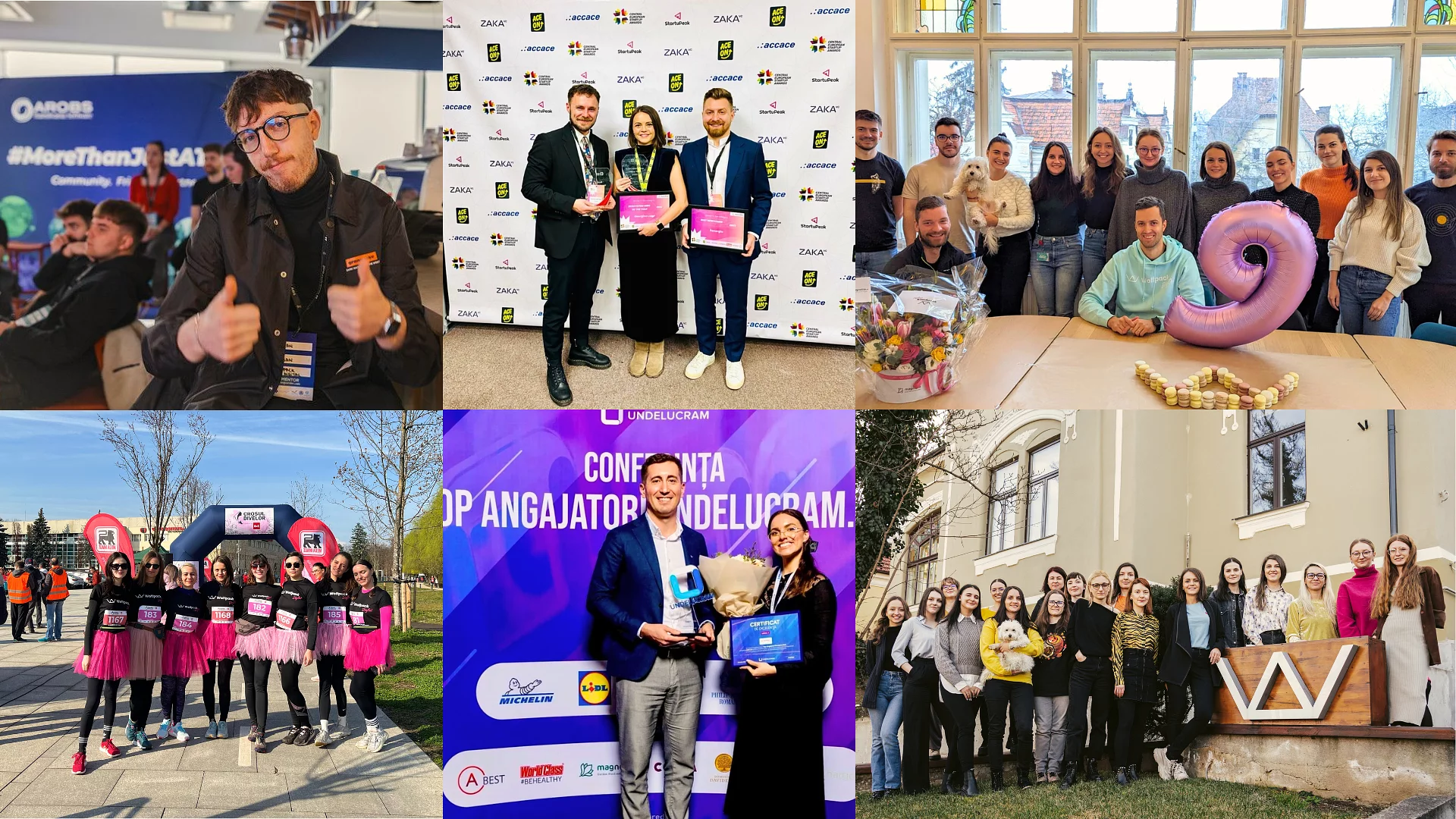 Photo collage of Wolfpack Digital team moments — award ceremonies, group gatherings, and celebrations — highlighting company milestones and culture.