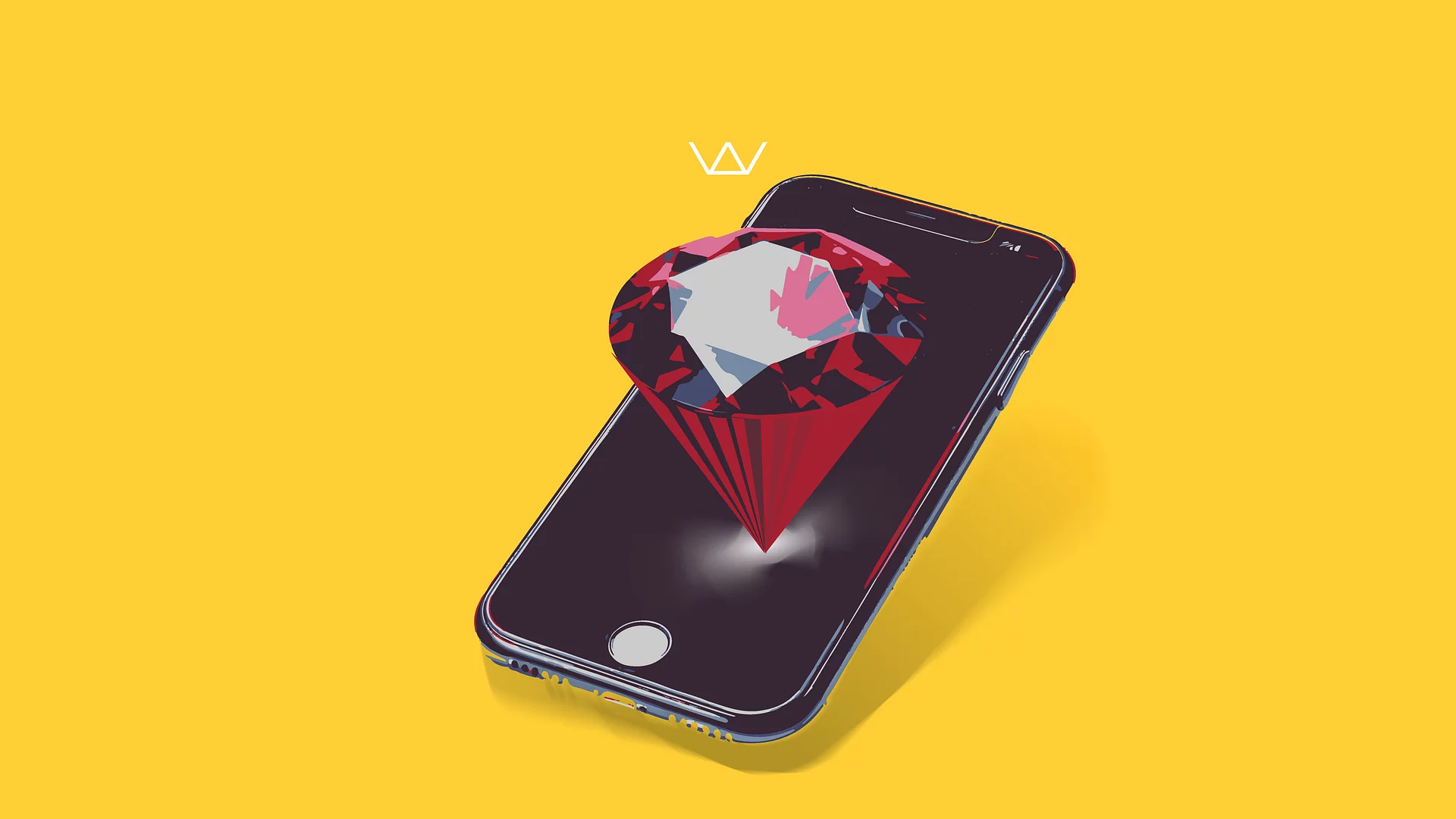 A red 3D ruby gemstone resting on a smartphone, on a yellow background