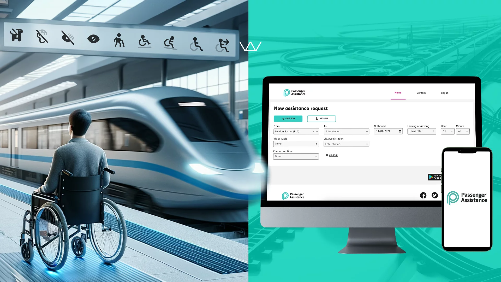 Wheelchair user at a train platform beside the Passenger Assistance web and mobile app interface