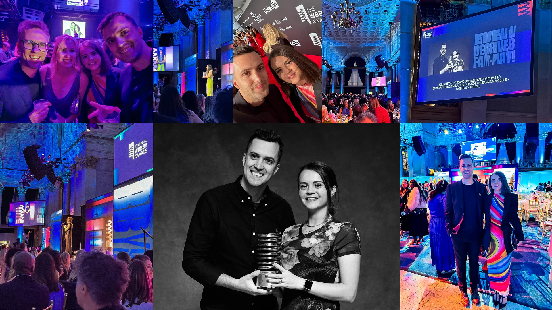 A photo collage from the Webby Awards gala — the blue-lit venue, a black-and-white portrait of Wolfpack Digital's two co-CEOs, and guests at the ceremony