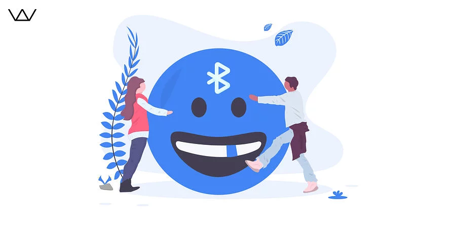 Flat illustration of a person in a hard hat holding a red flag beside a blue Bluetooth logo among grey rocks.