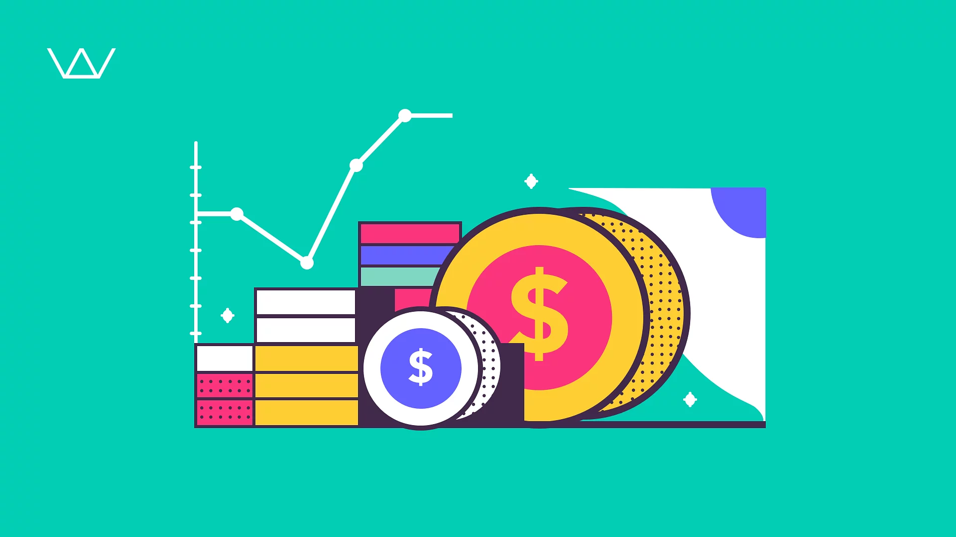 Flat illustration of a rising growth chart with stacks of coins and large dollar coins on a teal background
