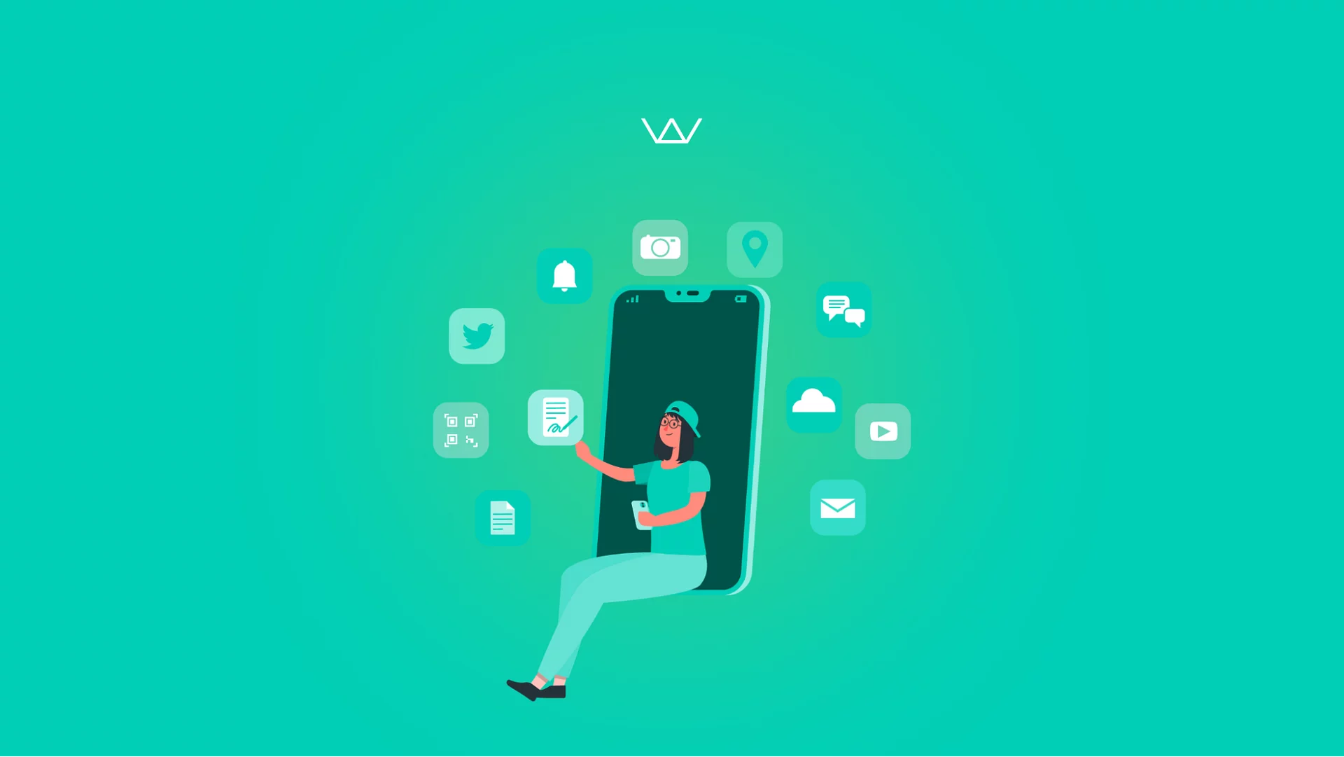 Flat illustration of a woman holding a phone in front of a large smartphone, surrounded by floating app icons such as camera, location, chat, email, and video