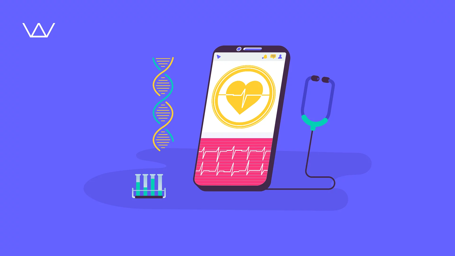 Flat illustration of a smartphone, pill bottle, loose pills, and a signed prescription, on a yellow background.