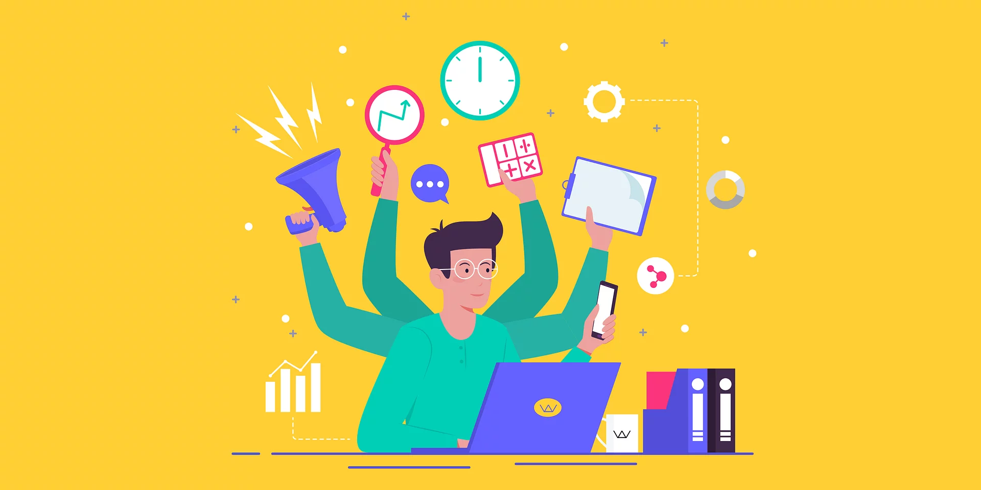 Illustration of a multitasking developer with several arms juggling a laptop, smartphone, megaphone, clock, and charts, representing Wolfpack's web and mobile app development process.