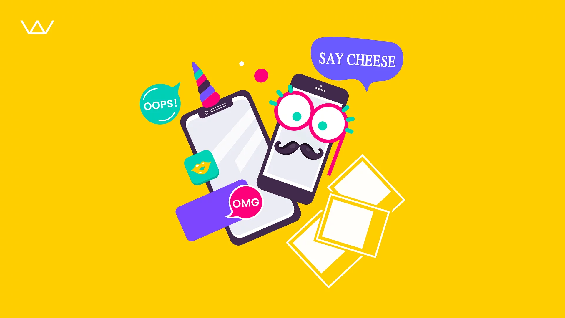 Playful illustration of smartphones with photo booth props, speech bubbles, and photo strips
