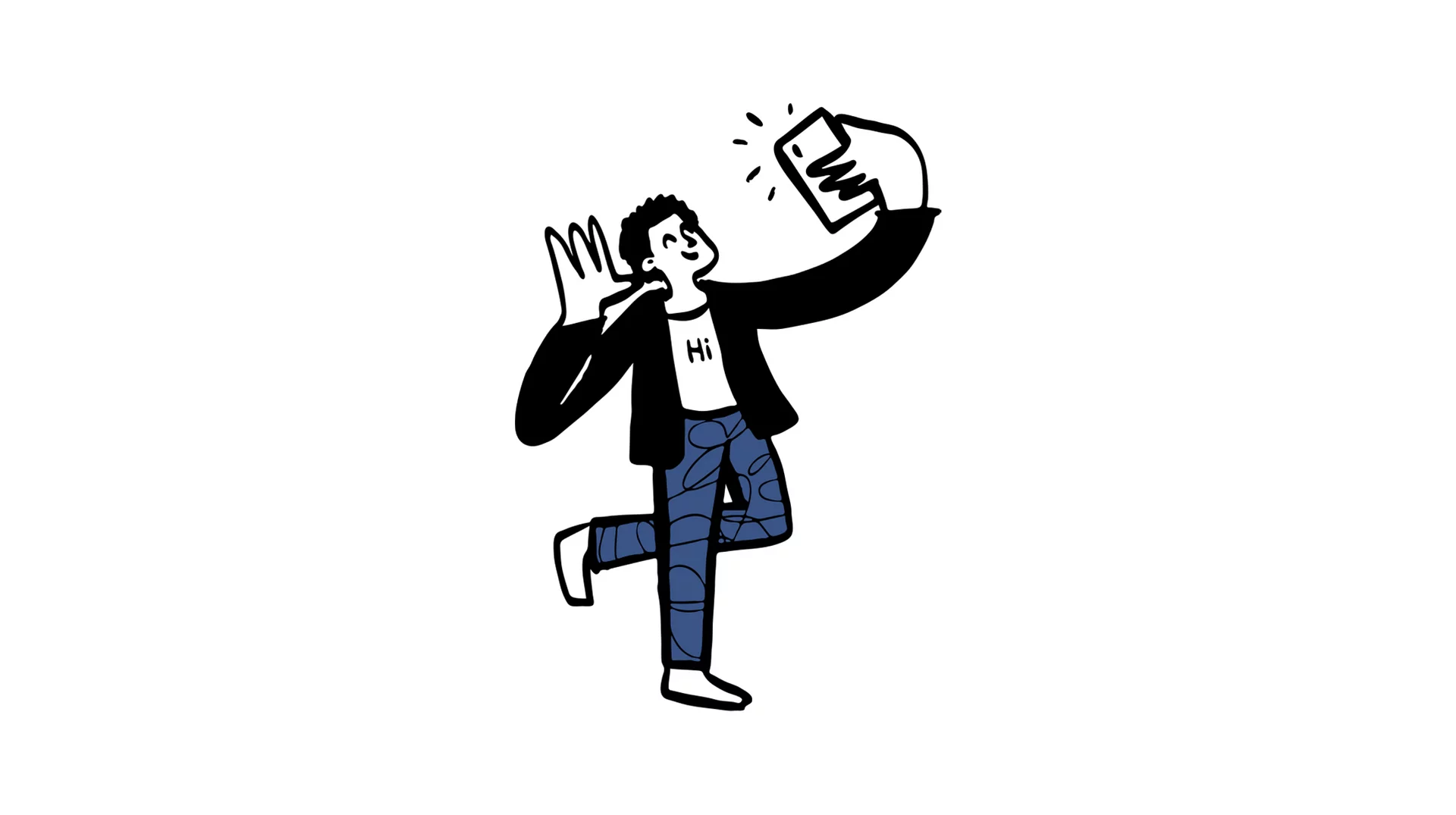 Here's alt text for this image: "Line illustration of a cheerful person walking while looking at their smartphone and waving, representing casual mobile phone use and staying connected.