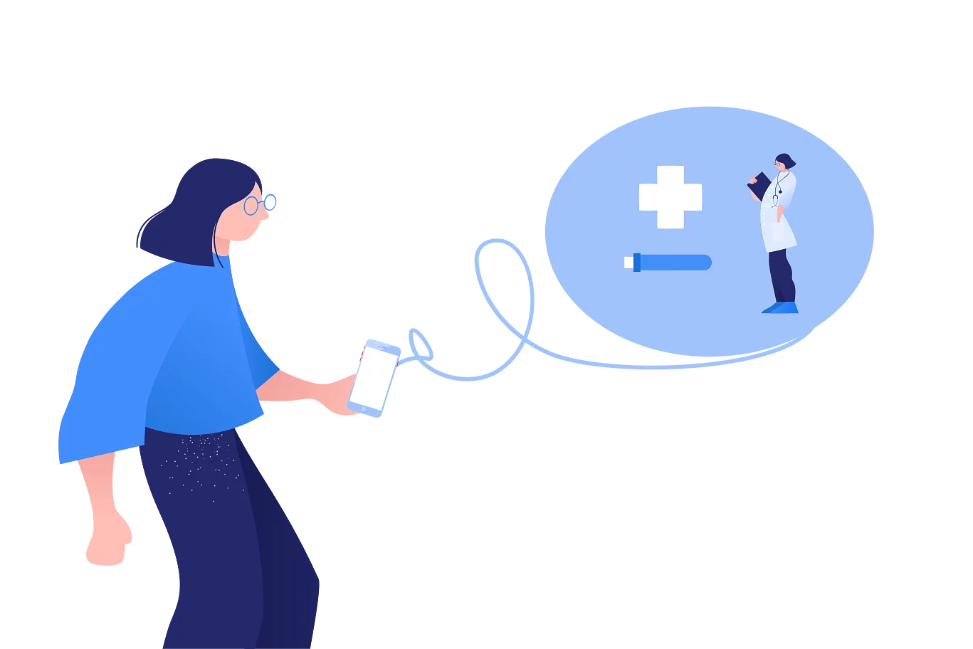 Flat illustration of a woman holding a glass of water connected by a winding line to a thought bubble showing a medical cross and a doctor, representing telehealth or online medical consultation.
