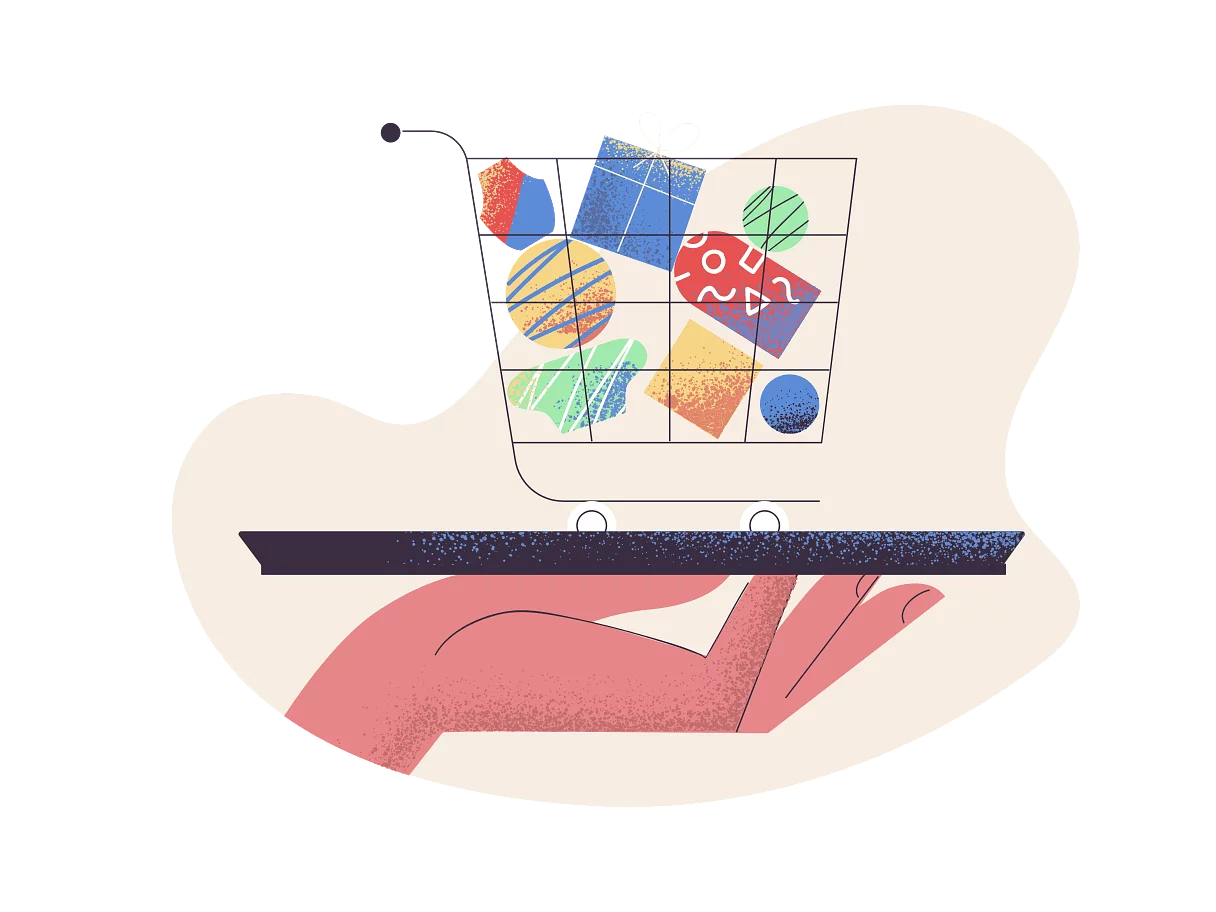 Colorful abstract illustration of a shopping basket holding stylized cosmetic products with a hand reaching toward it, on a cream background
