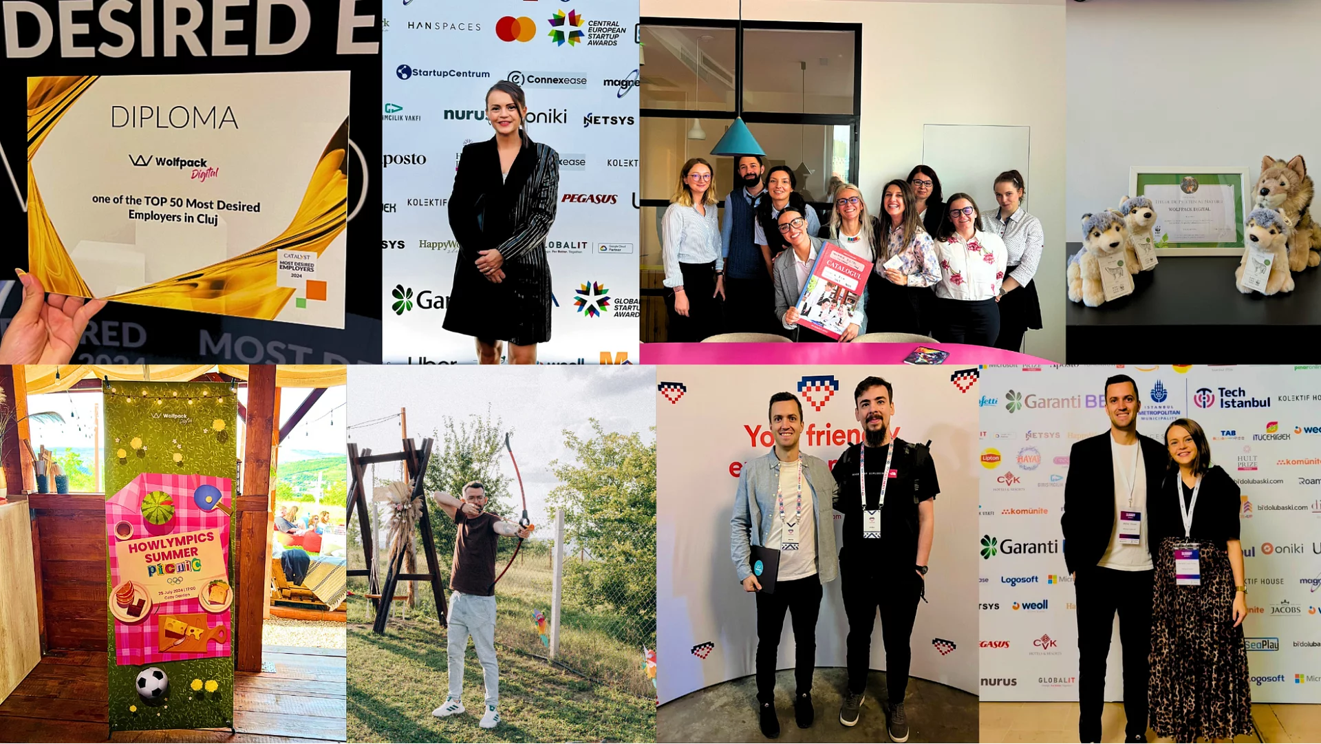 Photo collage of Wolfpack Digital's Q3 2024 highlights, including a Most Desired Employers banner and the Global Startup Awards gala