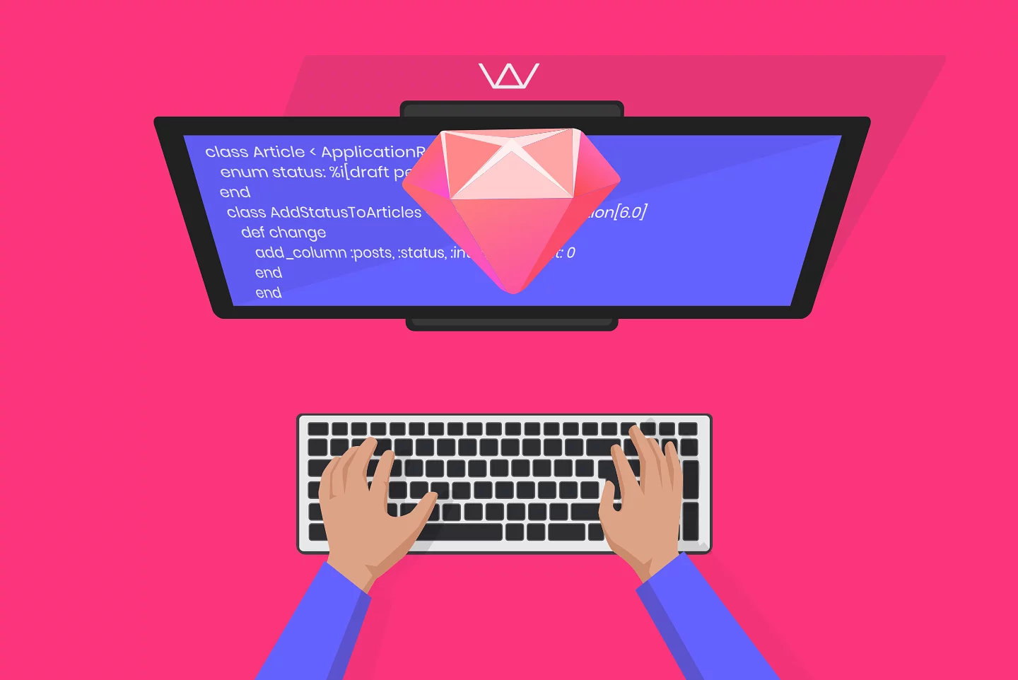 Illustrated laptop showing Ruby on Rails code with a pink Ruby gem and hands typing on a keyboard