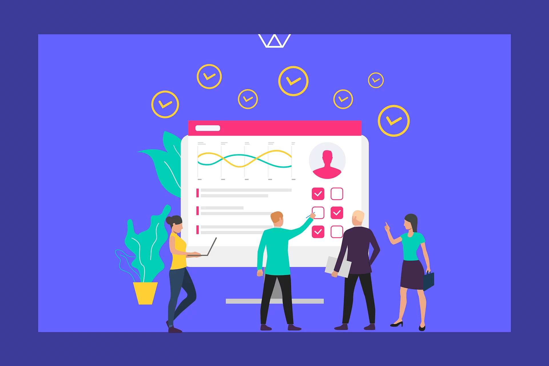 Illustration of a team around a data dashboard with charts, a user profile, and checkboxes
