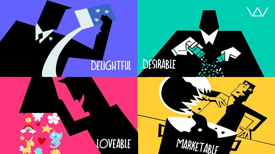 Four-panel illustration labelled Delightful and Desirable, showing the qualities of a great MVP beyond just viable