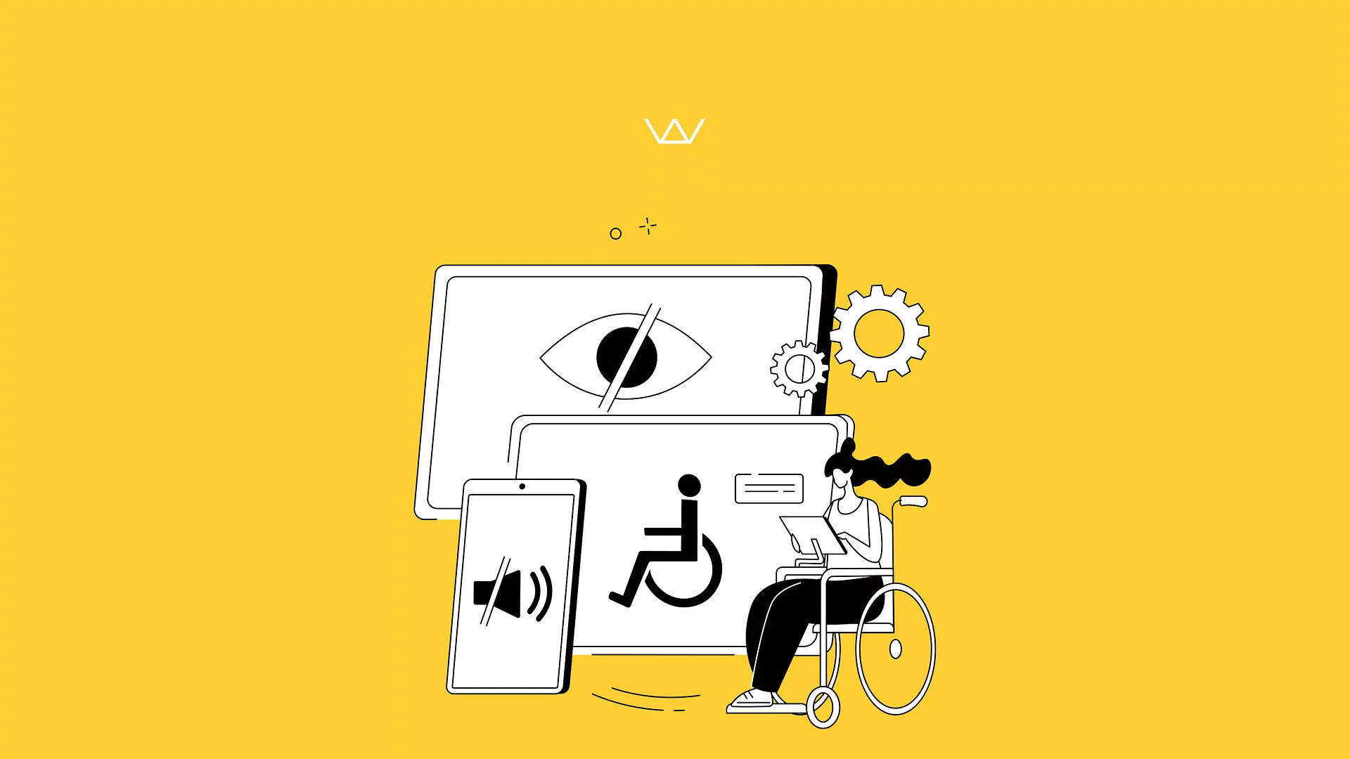 Illustration of a person in a wheelchair using a laptop beside accessibility icons — an eye, an audio symbol, and a wheelchair sign — representing digital accessibility and inclusive design.