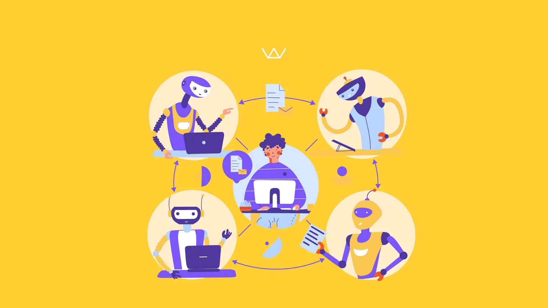Illustration of a developer at a computer surrounded by friendly AI robots and document icons