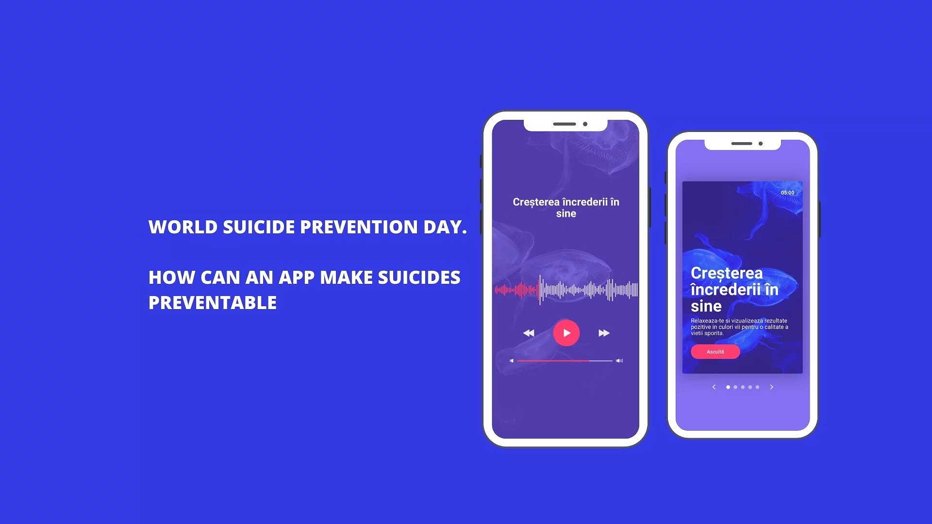Medusa meditation app shown on two smartphones with calming blue guided-session screens