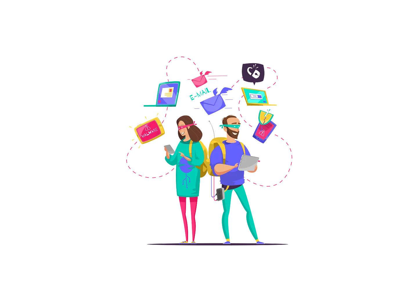 Illustration of two people surrounded by email, malware, and broken shield icons representing cybersecurity for business