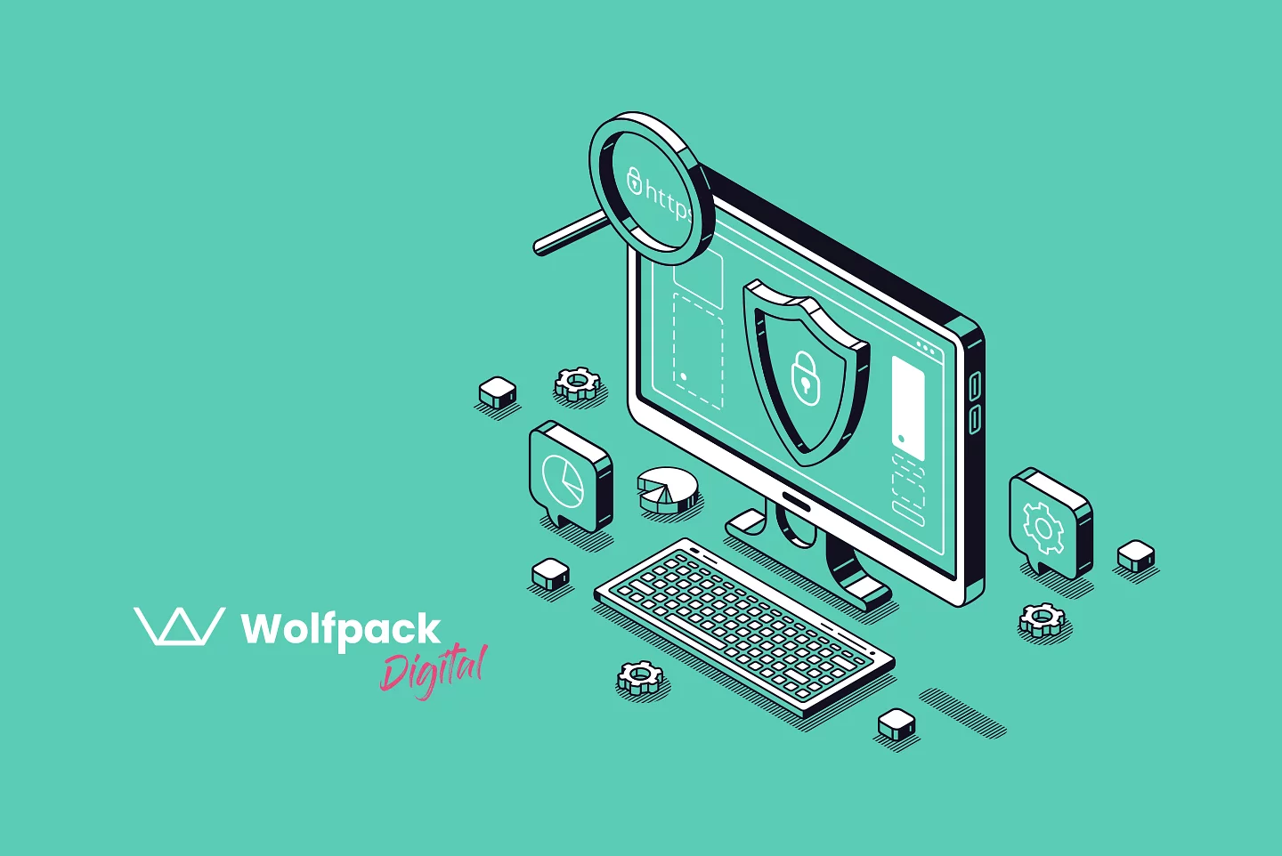Teal isometric illustration of a monitor with a padlock shield, gears, and charts showing web app security