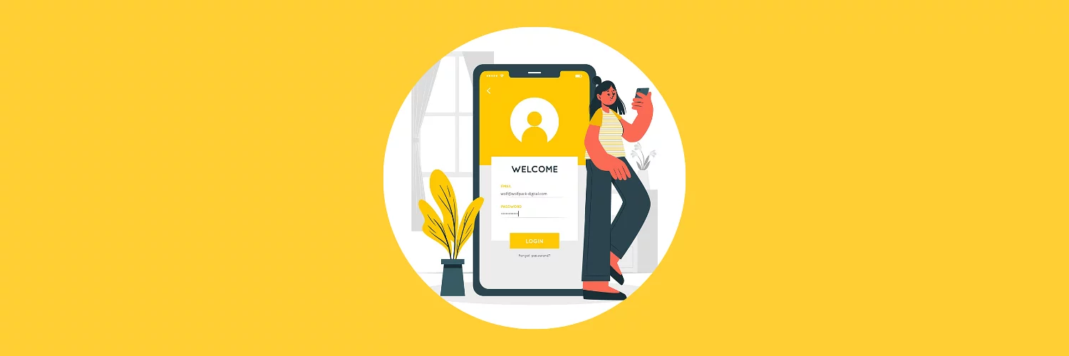Illustration of a person leaning on a large smartphone showing a login or profile screen, representing user onboarding or account sign-up in a mobile app.