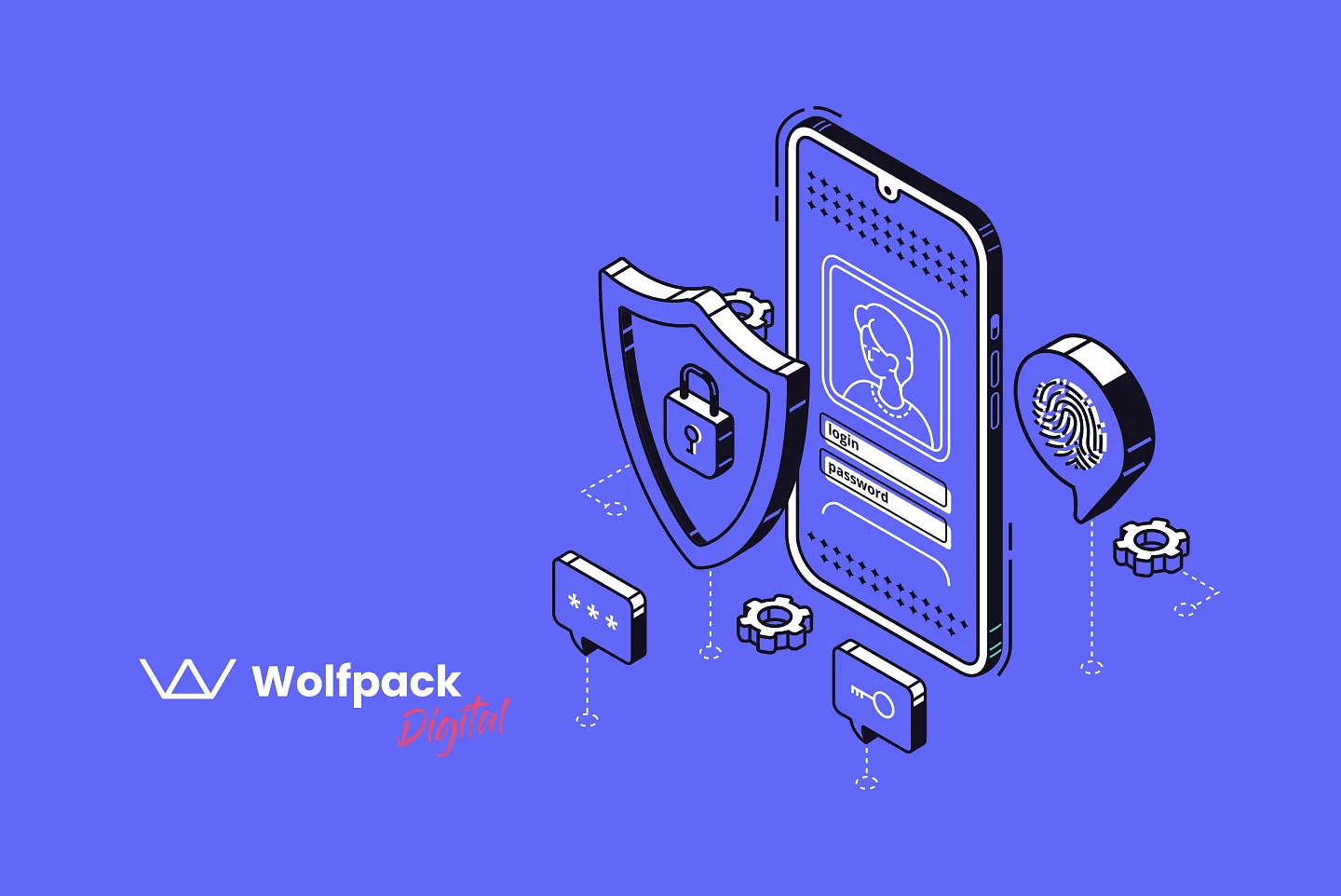 Isometric Wolfpack Digital illustration of a smartphone surrounded by a security shield, lock, fingerprint scanner, and gears, representing mobile app security and authentication.