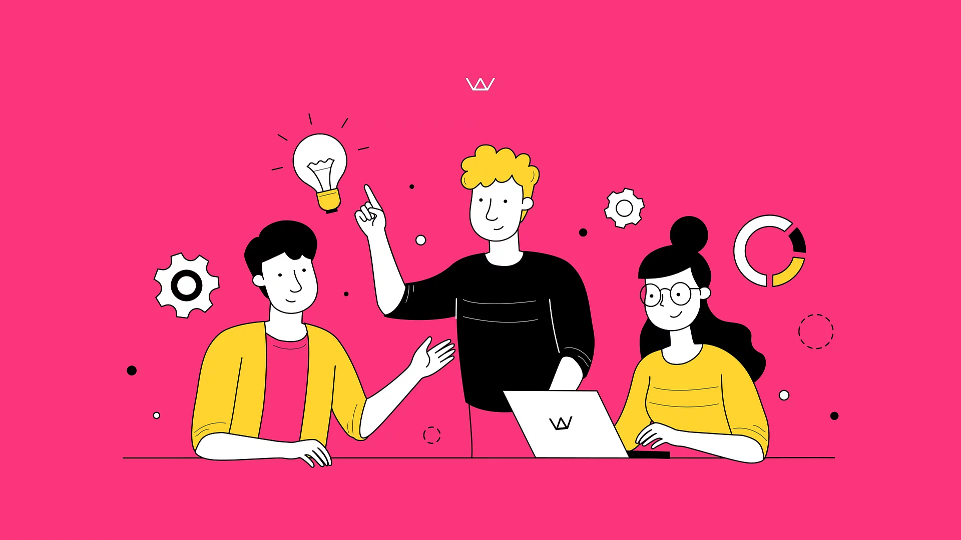 Line illustration of three people collaborating around a lightbulb idea with gears on a pink background