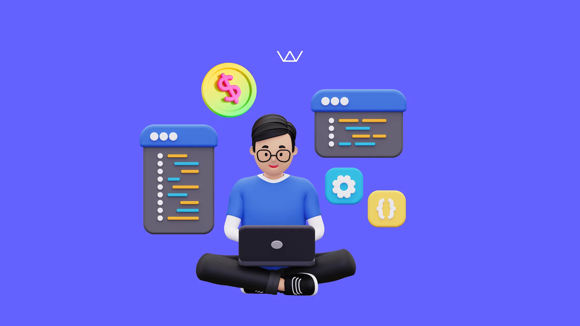 3D illustration of a developer coding on a laptop, surrounded by code windows, a settings gear and a dollar coin, representing mobile and web app development costs