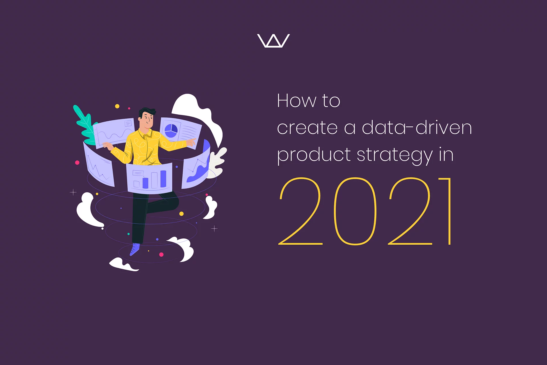 Illustration of a person surrounded by floating charts and graphs in a swirl of data, on dark purple.