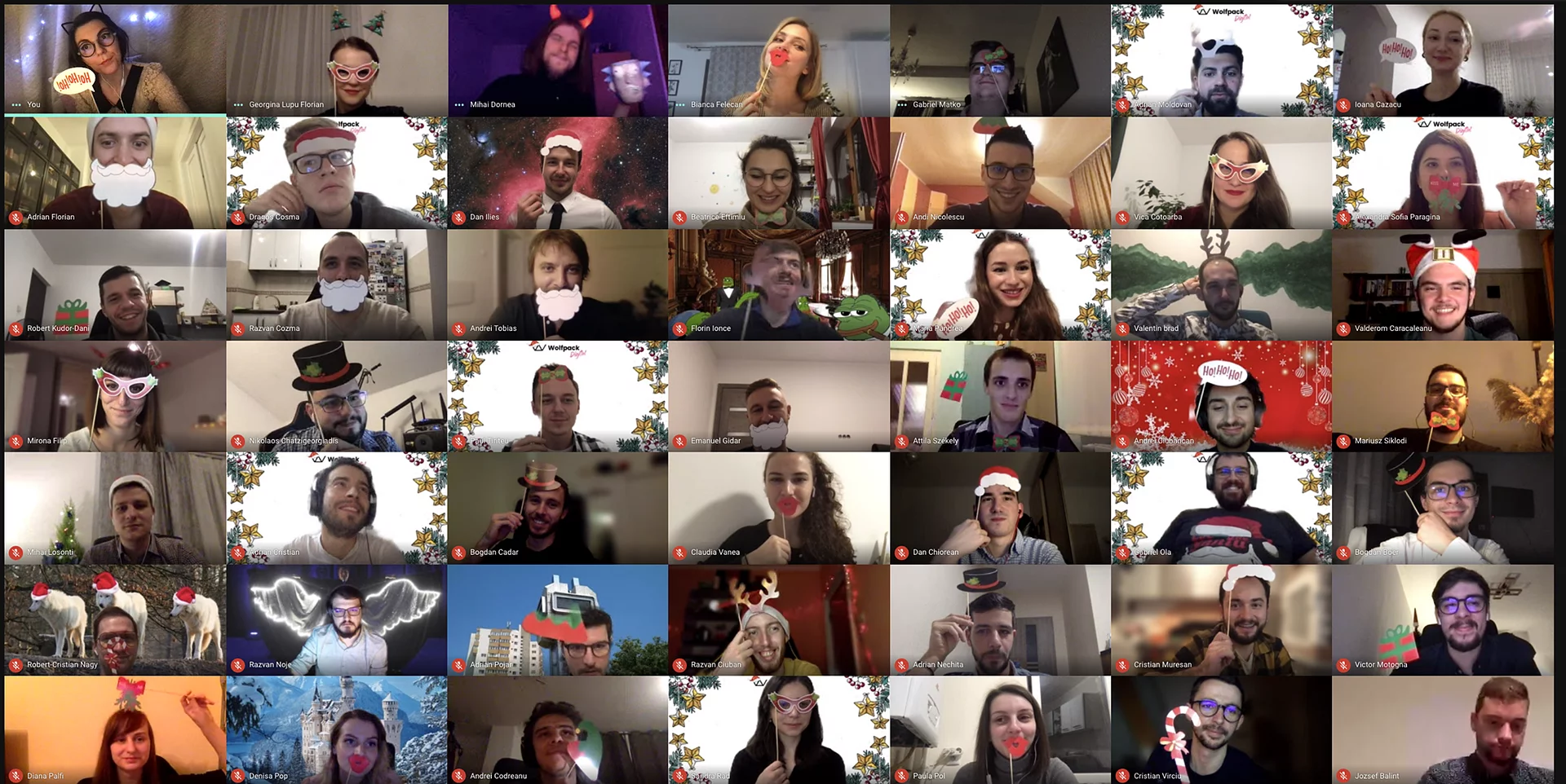 Video-call grid of the Wolfpack Digital team wearing festive props at a virtual Christmas gathering in 2020