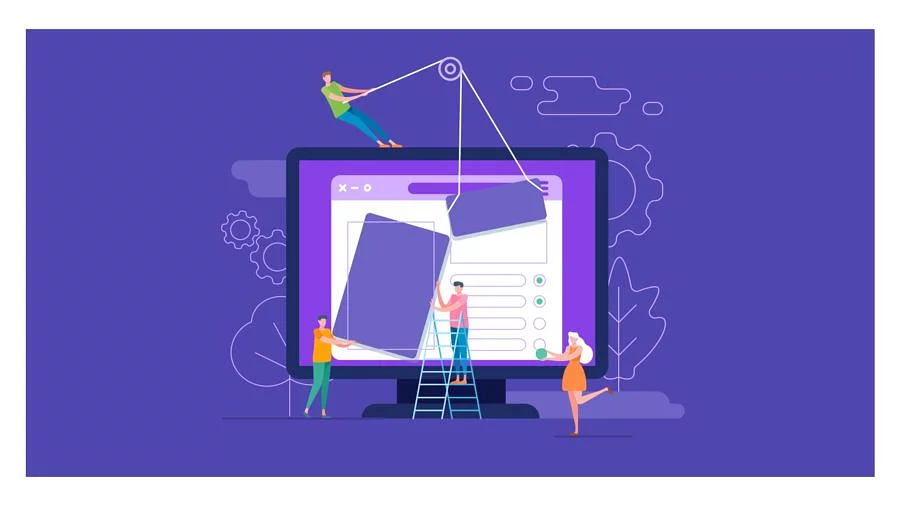 Flat illustration of people building a progressive web app on a large laptop browser window, surrounded by gears