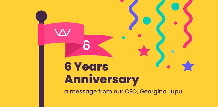 Illustration of a pink 6 Years Anniversary flag with confetti on a yellow background