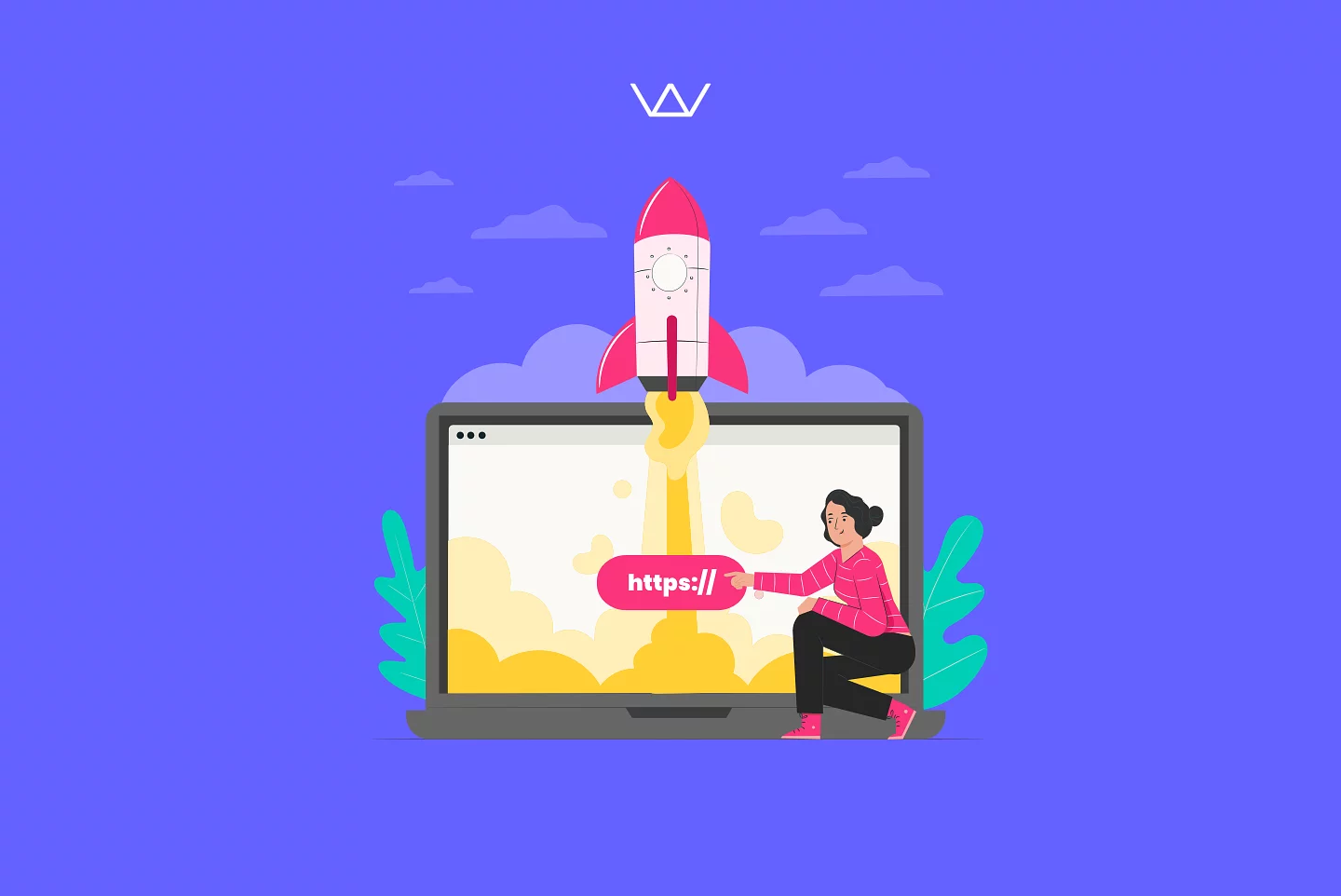 Flat illustration of a pink rocket launching out of a browser window with an https bar, on a purple background