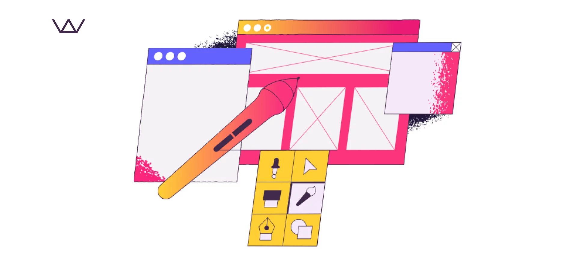 Illustration of a paintbrush over overlapping app window wireframes and a grid of design tool icons