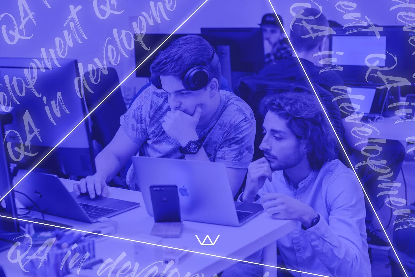 Photo of two developers working together at laptops with a blue overlay and repeating 'QA in development' text, representing quality assurance in software development.