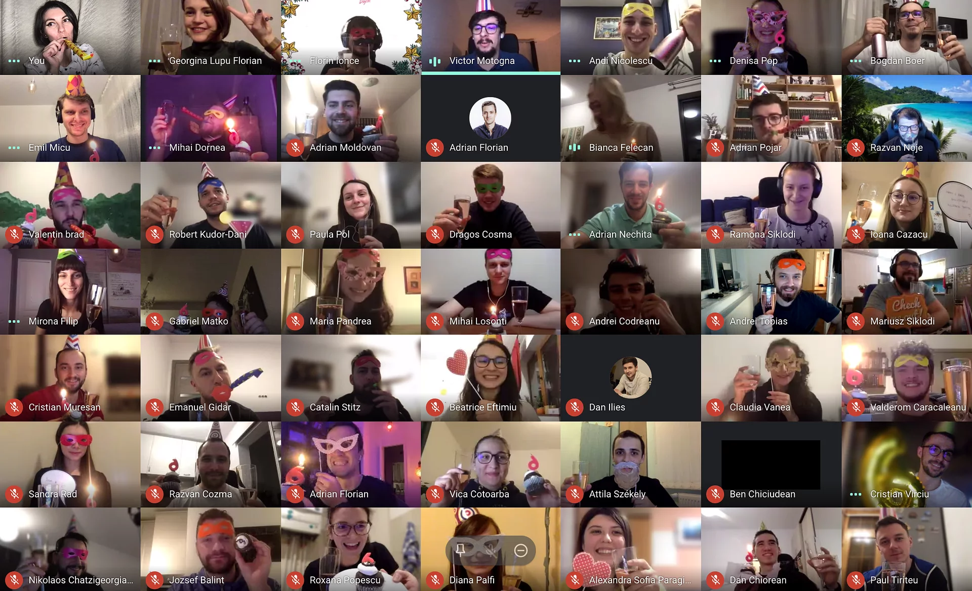 Video-call grid of the Wolfpack Digital team celebrating the company's 6th anniversary online with party hats and props