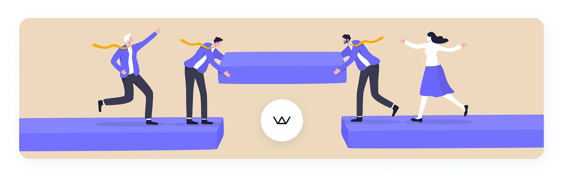 Illustration of four people carrying a long beam together across platforms, with the Wolfpack logo in the middle, on beige.