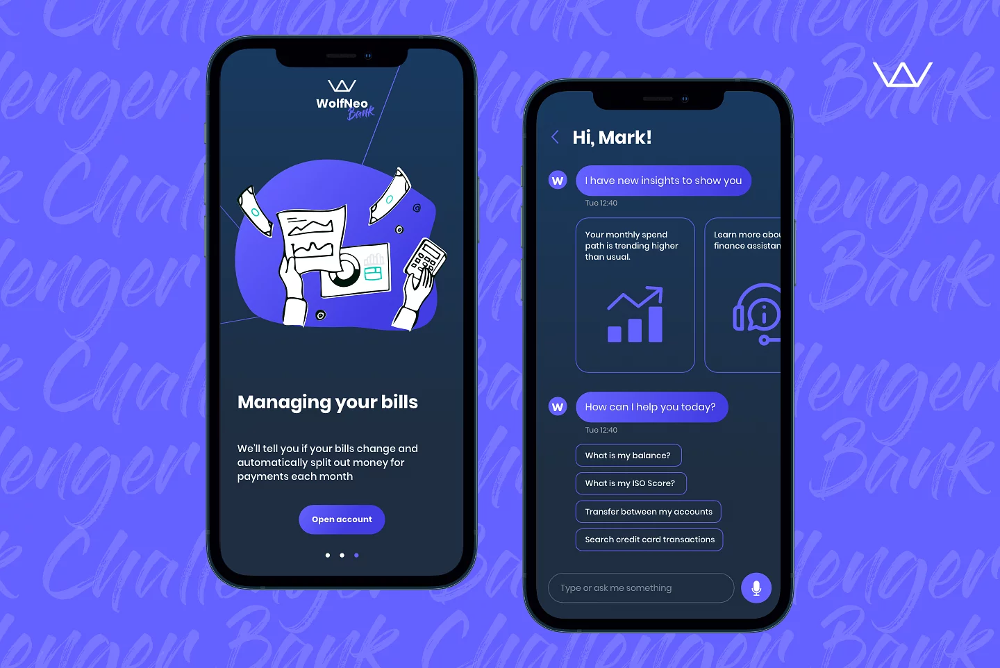 Illustration of a mobile banking app: a 'Managing your bills' screen with hand-drawn charts and an assistant chat, on purple.