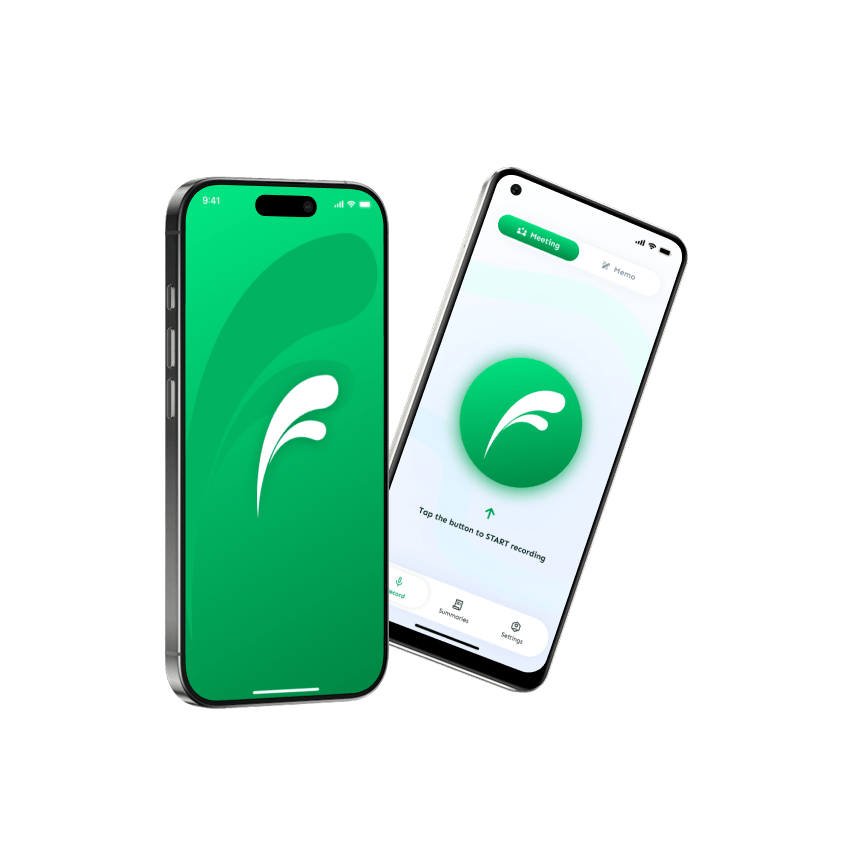 Two smartphones on a white background showing a voice-recording app with green branding. The left phone displays a full-screen green splash page with a white feather logo. The right phone shows the app's main screen: a 'Meeting' tab (with a 'Memo' tab beside it), a large green circular record button with the feather logo, and the prompt 'Tap the button to START recording.' A bottom navigation bar shows Record, Summaries, and Settings tabs.