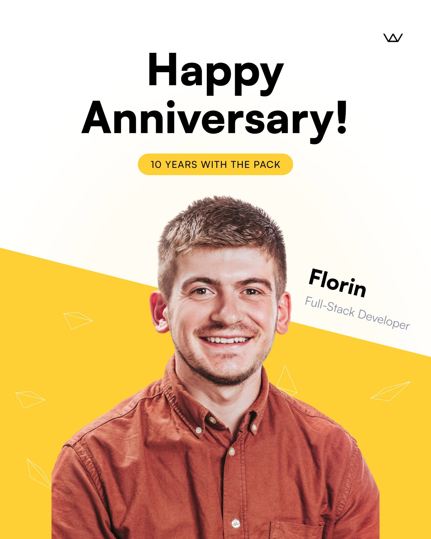Wolfpack Digital celebrates Florin, Full-Stack Developer, marking 10 years with the pack — a 'Happy Anniversary!' graphic featuring his portrait.