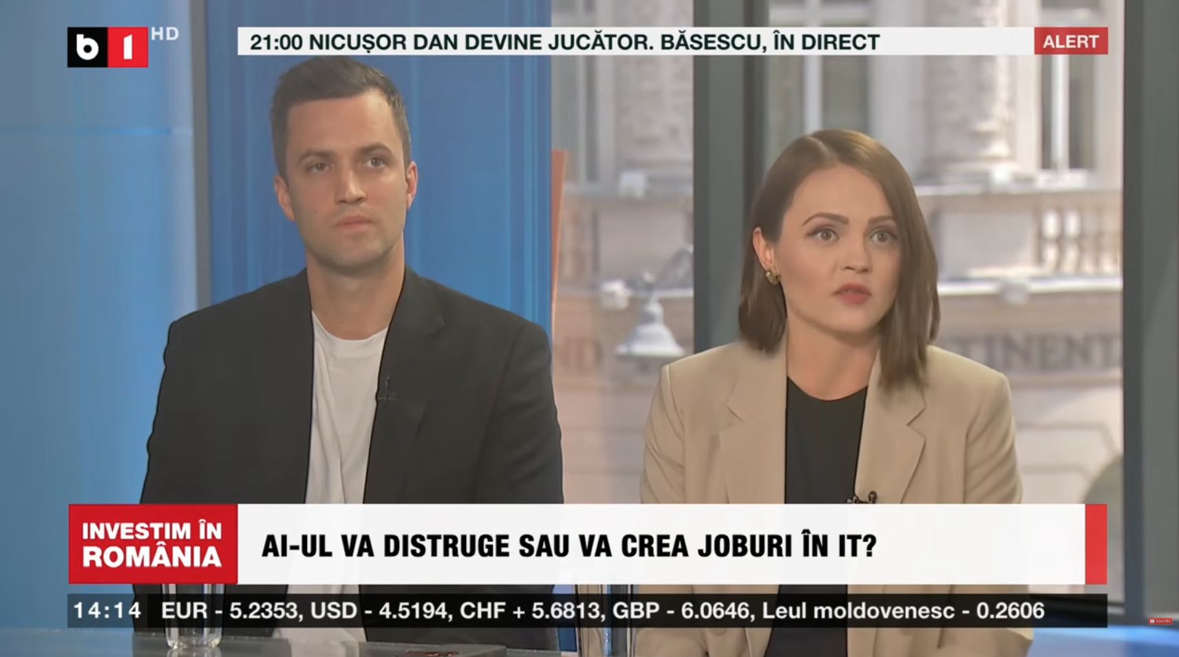 Georgina Lupu Florian speaking about AI and jobs in IT next to Adrian Florian on B1 TV's "Investim în România", under the caption "AI-ul va distruge sau va crea joburi în IT?" (Will AI destroy or create jobs in IT?)